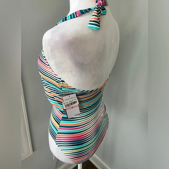 Vince Camuto Retro Striped Halter One-Piece Swimsuit Tie Front MultiColor 10 NWT - Picture 10 of 16
